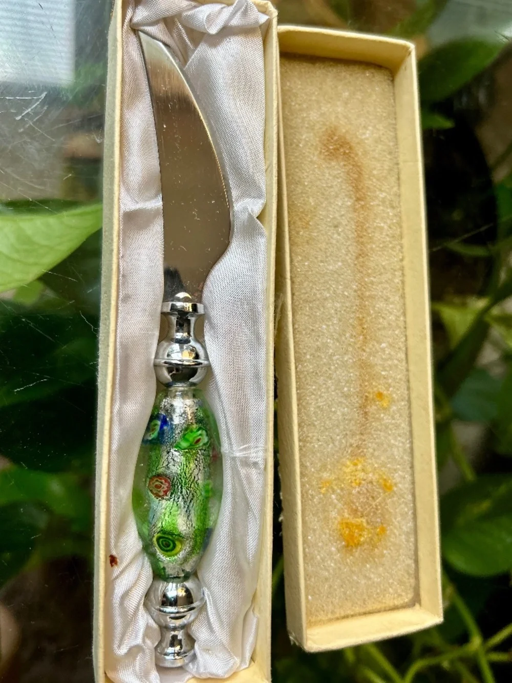 Vintage Murano Style Millefiori Art Glass Cheese Knife with Original Box 💚✨